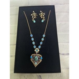 VTG NB Nicky Butler India Gold Tone Turquoise Amethyst Heart Necklace Earrings